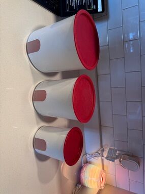 Tupperware White Canisters with Red Lids and clear tab. Set of 3